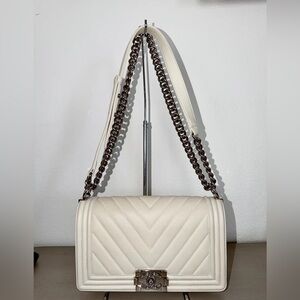 Chanel Medium Cream/Pearl Chevron Boy Bag